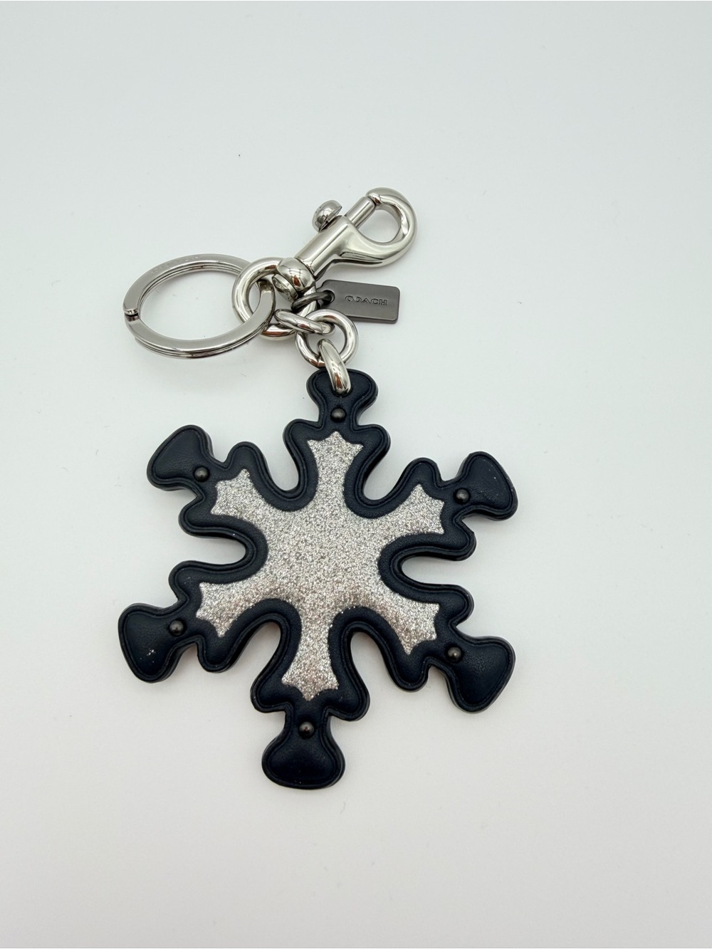 Coach Dark Navy  Leather Snowflake Keyring with Silver Glitter